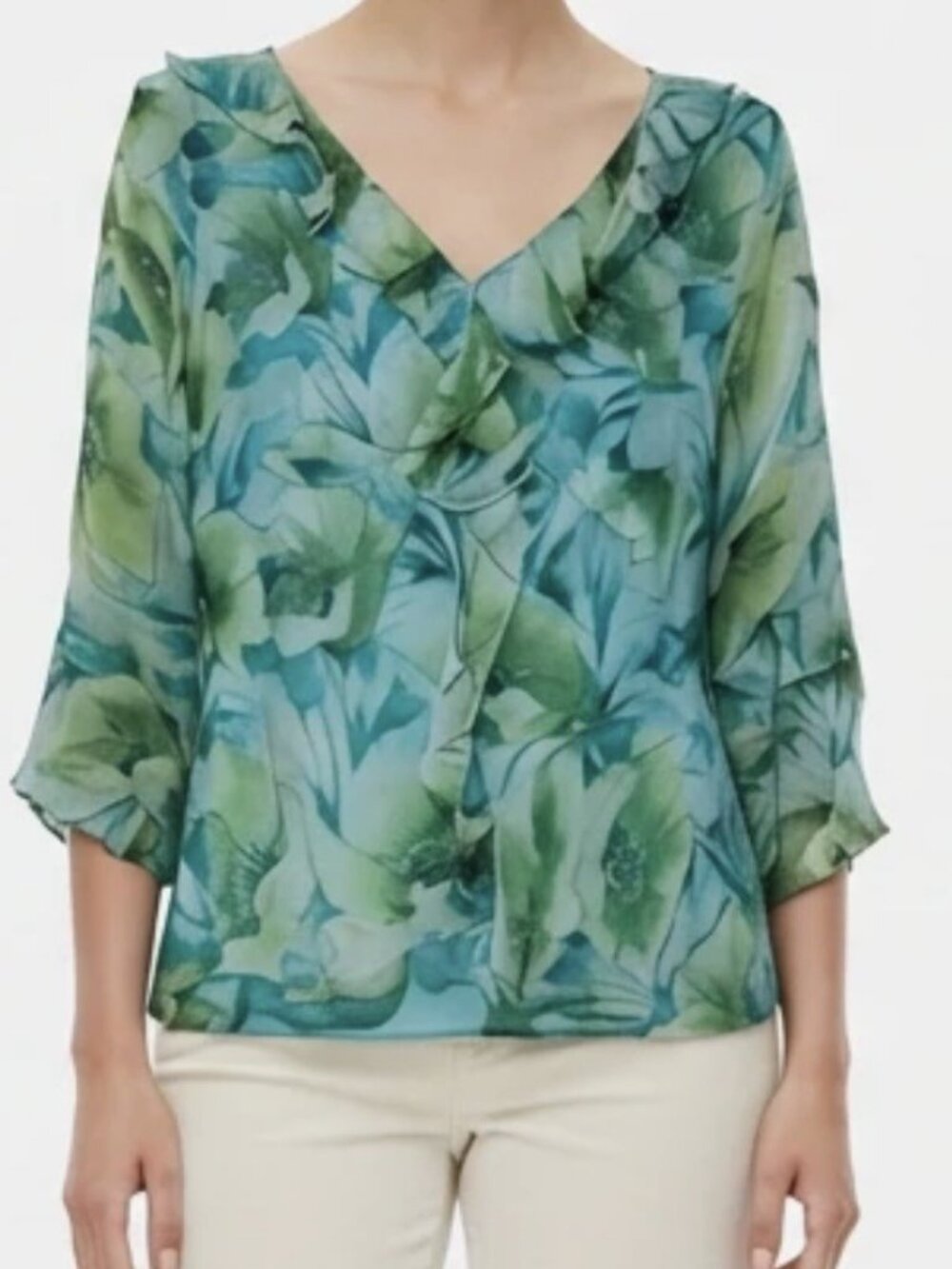 Womens Size Large Silk V-Neck Teal 3/4 sleeve Ruffles (#2138)